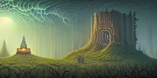 Image similar to painting of redwood forest and redstone labyrinth in the style of nebulapunk by dan seagrave and tomasz alen kopera with a futuristic castle by simon stahlenhag