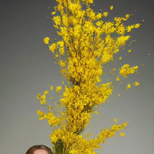 Image similar to hyper realistic photo human body made of golden wild flowers