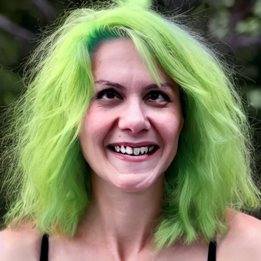 Image similar to a portrait image of a skinny 38 year old attractive woman with green hair and large yellow eyes, a wide smile and a genuinely happy and calm expression, looking directly at the camera