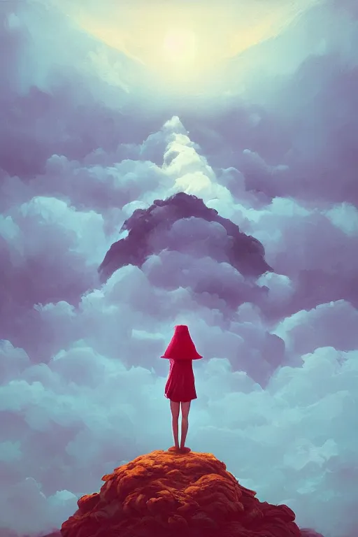 Prompt: perspective giant dahlia flower as head, girl standing on mountain, surreal photography, blue storm clouds, dramatic light, impressionist painting, digital painting, artstation, simon stalenhag