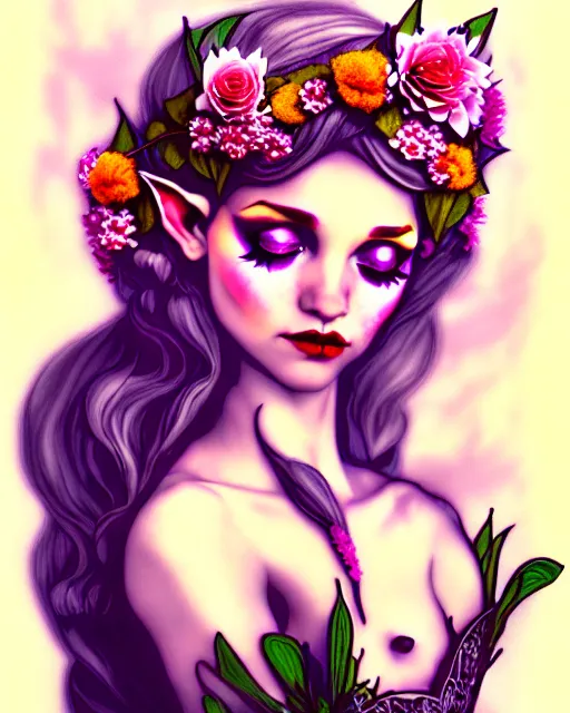 Image similar to photot of burlesque elf, flowers in hair, fantasy character portrait, soft clouds, floral sunset, ultra realistic, concept art, intricate details, art nouveau, cinematic, highly detailed