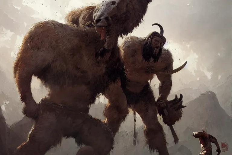 Prompt: hill giant wielding a goat as a weapon, horrifying brute by greg rutkowski, detailed painting