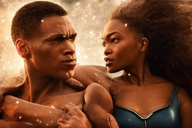 Image similar to movie powerful mutant heroes interracial couple closeup, DC Marvel fashion, VFX powers at night in the city, city street, beautiful skin, natural lighting by Emmanuel Lubezki