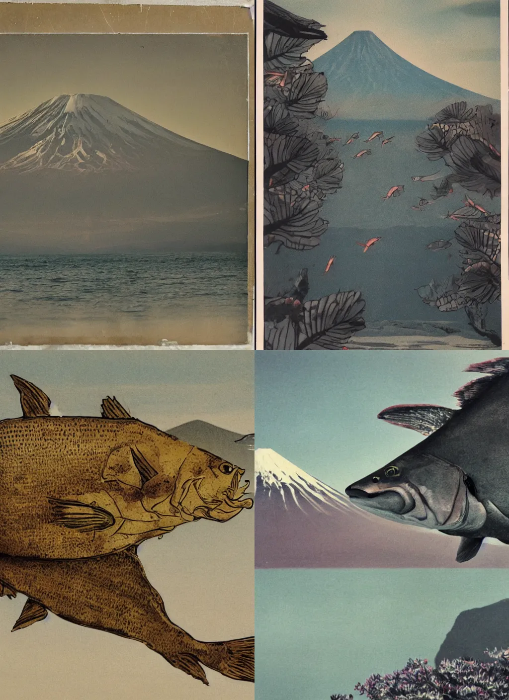 Prompt: An analog color photography of a gigantic fish hovering over mount Fuji. cinematic. hq. detailed. realistic. photoreal.