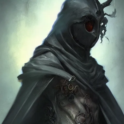 Image similar to magic the gathering character art by bastien lecouffe deharme of a eldritch warrior with a venice mask and a cloak made out of shadows and black feathers