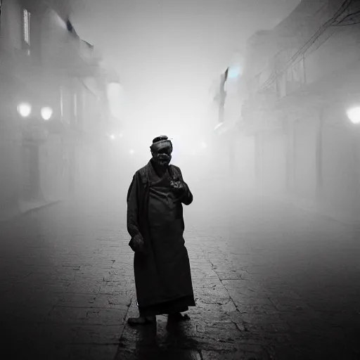 Prompt: Monochrome portrait of an intense old Nepali man on a rainy misty Kathmandu street at night, the only light source are bright overhead street lights, close-up, motion blur, grainy Tri-x pushed to 3200, 24mm tilt-shift, water drops on the lens, holga