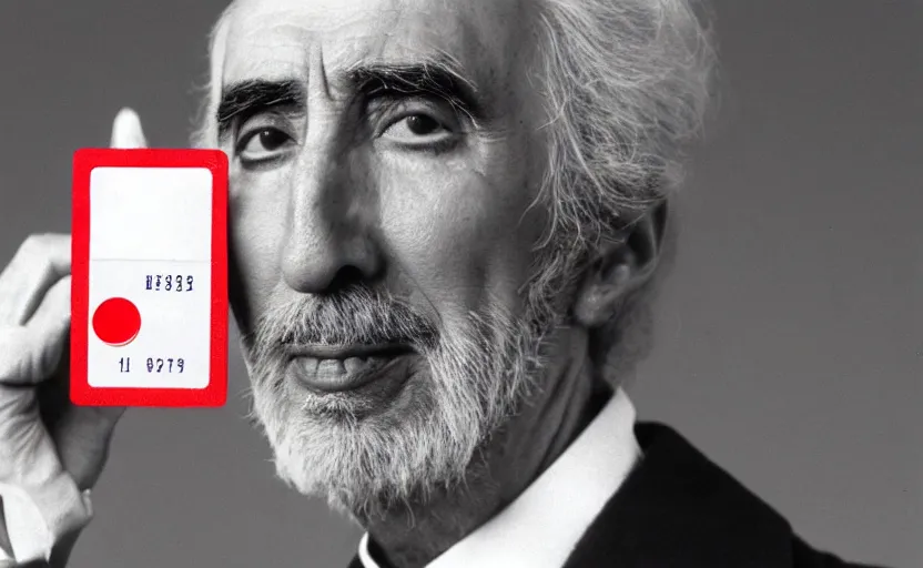 Image similar to movie still close-up portrait of Christopher Lee as a Victorian inventor proudly holding a small red plastic card with see-through holes punched in it, by David Bailey, Cinestill 800t 50mm eastmancolor, heavy grainy picture, very detailed, high quality, 4k, HD criterion, precise texture and facial expression