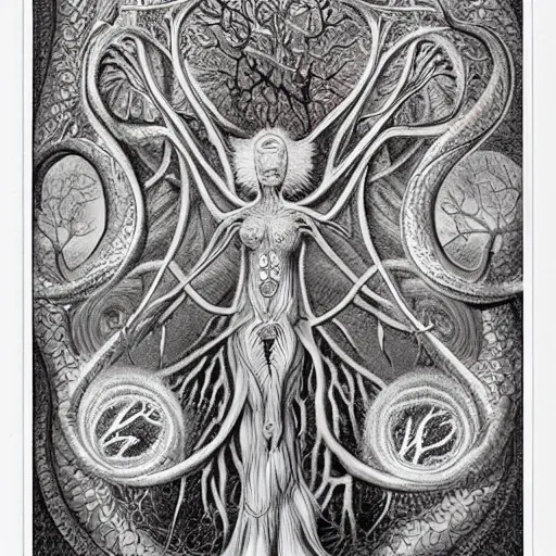 Prompt: a highly detailed tattoo outline of woman shaped like the tree of life with arms as branches and fingers for leaves, by roger dean and andrew ferez, art forms of nature by ernst haeckel, divine chaos engine, symbolist, visionary, art nouveau, organic fractal structures, surreality, detailed, realistic, ultrasharp