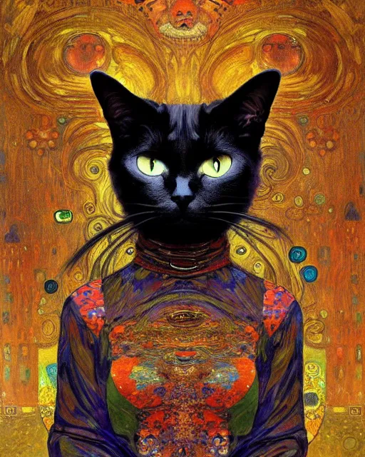 Image similar to demonic cat portrait an oil painting splashes with many colors and shapes by gustav klimt greg rutkowski and alphonse mucha, polycount, generative art, psychedelic, fractalism, glitch art