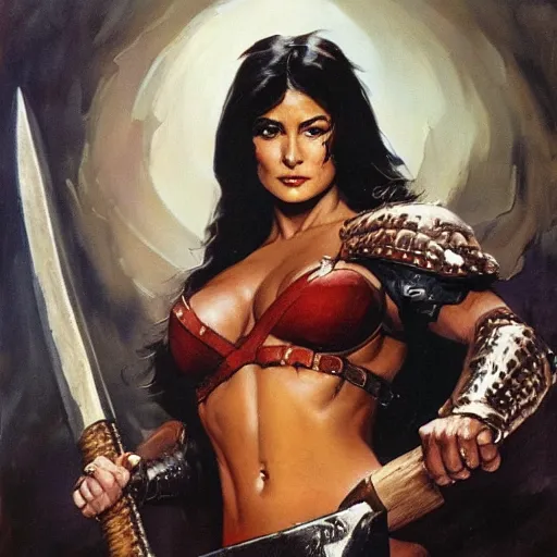 Image similar to a frank frazetta oil painting of selina gomez as a beautiful muscular salma hayek wearing black armor holding a large battle axe, dynamic shot, hd 4 k, intricate, highly detailed, atmospheric, sharp