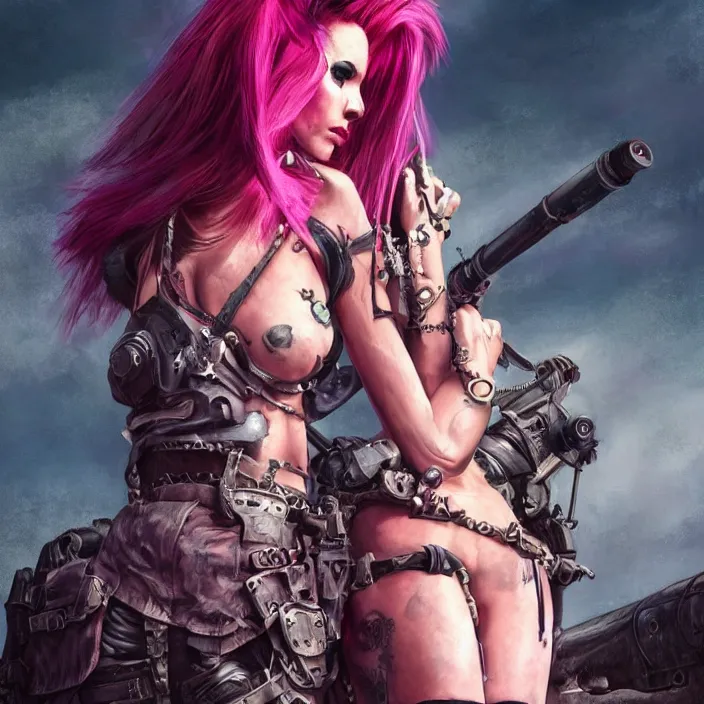 Image similar to beautiful apocalyptic woman with pink Mohawk, standing on mad max panzer tank, epic, smooth, sharp focus, 4k ultra hd, fantasy dark art, tank girl, artgerm, artstation, octane render, elegant, detailed digital painting