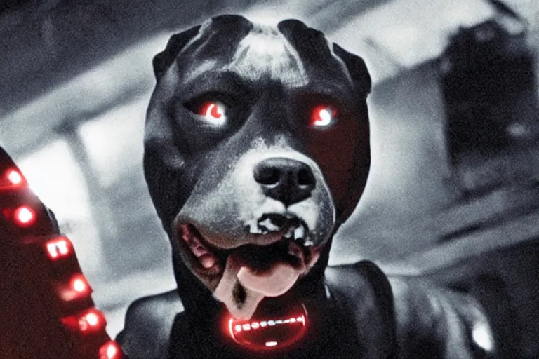 Prompt: cyborg - pitbull taking a selfie, in hell, in 1 9 3 2, y 2 k cybercore, industrial low - light photography, still from a kiyoshi kurosawa movie
