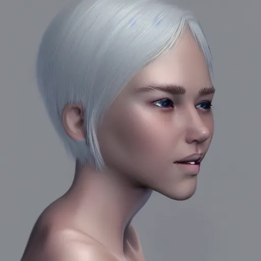 Image similar to portrait of a female human with white skin, white hair, white eyes without pupils, slightly - pointed ears, short wavy hair, eyebrow scar, trending on artstation, ethereal, gentle smile, friendly, glowing, angled