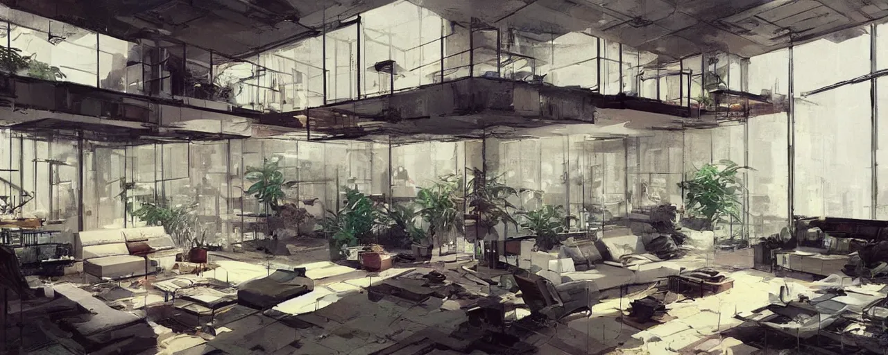 Prompt: interior of a loft, living room with split levels, mezzanine, plants and patio, 1970 furniture, a giant computer with too many cables, giant screens on the call, bauhaus, concept art by Theo Prins