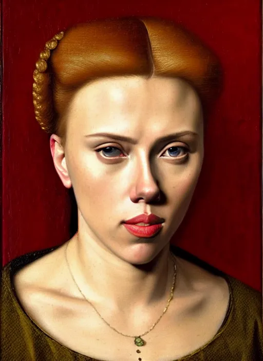 Image similar to portrait of scarlett johansson, oil painting by jan van eyck, northern renaissance art, oil on canvas, wet - on - wet technique, realistic, expressive emotions, intricate textures, illusionistic detail