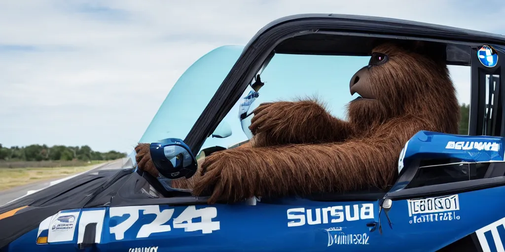 Image similar to sasquatch hanging out the window of a bmw race car