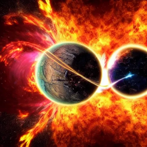 Prompt: Two Cube-Shaped Planets colliding, explosion, space, beautiful, fire