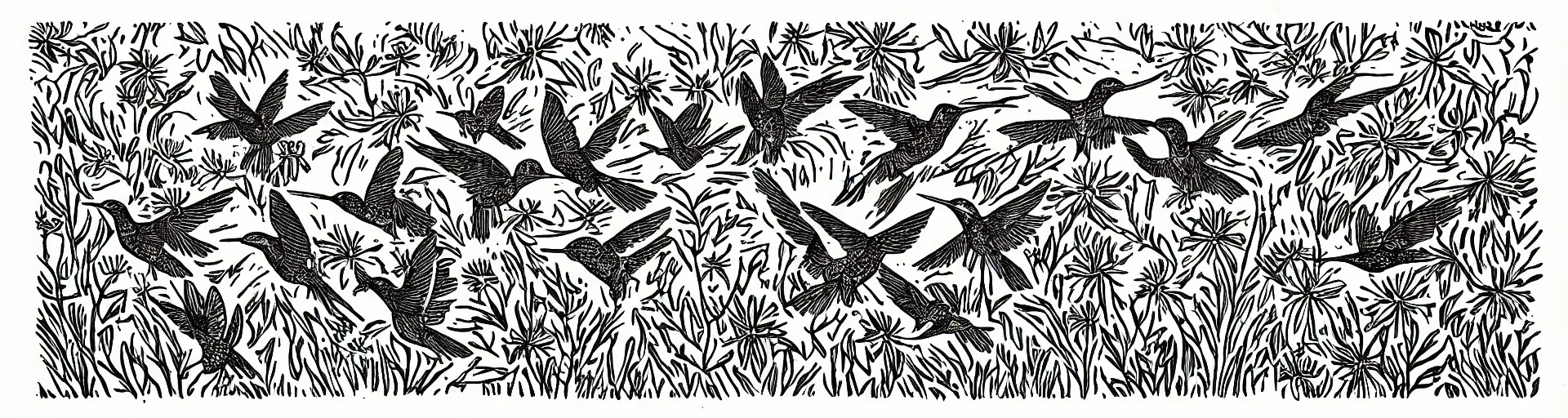 Image similar to a linocut of Hummingbirds and wildflowers