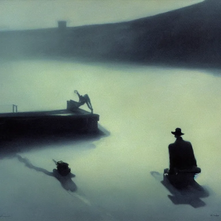 Prompt: skeleton submerged in milk, fog, early morning, , painted by Edward Hopper, painted by Wayne Barlow, airbrush