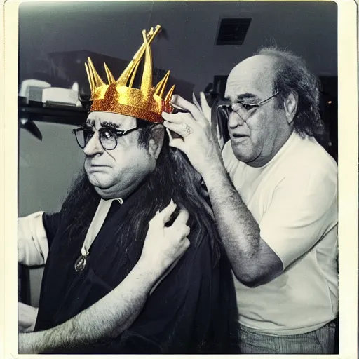 Prompt: handsome hamburger - man with shiny and silky long hair getting hair styled with danny devito wearing a golden crown studded with sparkling diamonds, polaroid