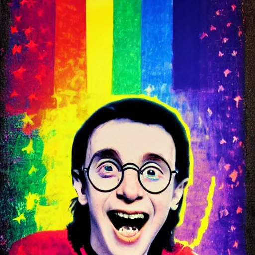 Image similar to rainbow excited smiling harry potter. pop art