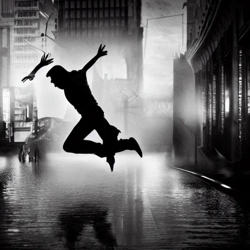 Prompt: a highly detailed epic cinematic black and white cyberpunk artwork photograph inspired by Henri Cartier-Bresson's Behind Gare Saint-Lazare, man jumping over a puddle of water. World Press Photo winner, enhanced and corrected in Photoshop, octane render, excellent composition, cinematic atmosphere, dynamic dramatic cinematic lighting, aesthetic, very inspirational, arthouse