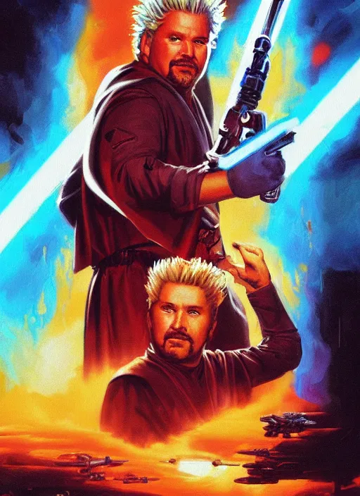 Prompt: epic cinematic poster artwork for featuring portraits for lost star wars film featuring portrait of guy fieri, moody painting by drew struzan, beautiful backlit, colorful, iconic composition, epic award winning, artstation, extremely detailed, flare, photorealistic, 4 k