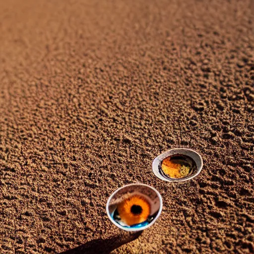 Prompt: macro photo bright day of a tiny sphere containing an oasis world on the ground in the gobi desert