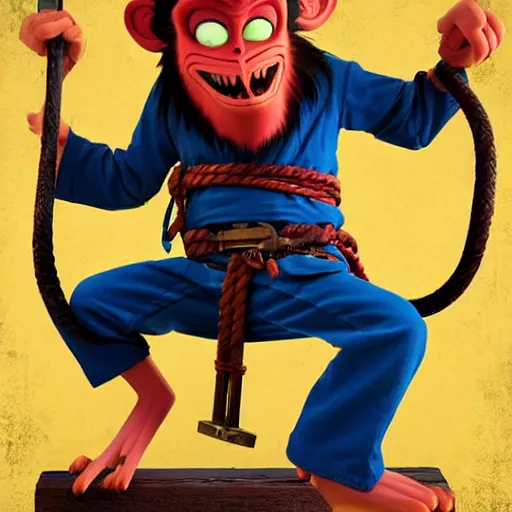 Prompt: Evil genius monkey, carpenter by trade, tool belt, hammer, in the style of Kubo And The Two Strings