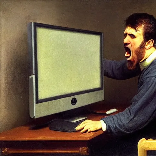 Image similar to an angry man yells at his computer monitor, oil on canvas, 1 8 8 3, highly detailed