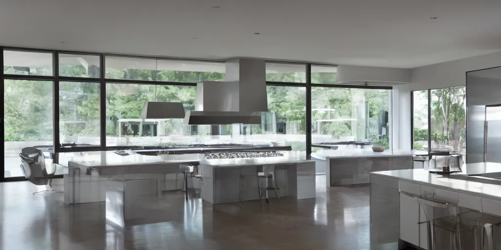 Prompt: grey brick glass contemporary modern hamptons mansion kitchen concept interior design next to body of water by mcalpine house, by jackson & leroy architects