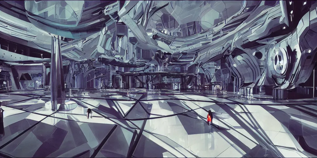 Image similar to a futuristic museum interior in gothic style with holograms all over, syd mead cinematic painting, 4 k