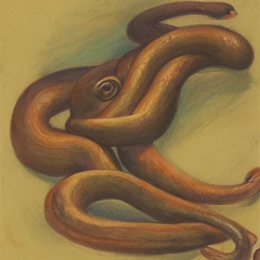 Image similar to A beautiful drawing of a snake eating its own tail that seems to go on forever. 2000s by Nora Heysen colorful, amorphous