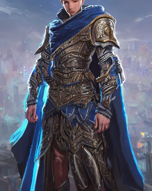 Image similar to concept art, full body portrait of king sorcerers, ornate, blue and silver, armor, robes, hyperrealistic, 4 k, unreal engine, highly detailed, dramatic lighting, beautiful, atmospheric lighting, visible face, by makoto shinkai, stanley artgerm lau, wlop, rossdraws