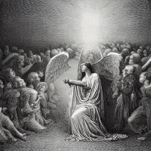 Prompt: fever dream of the angel of plenty, an engraving by gustave dore