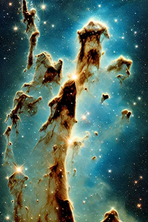 Image similar to Pillars of Creation. elephant trunks of interstellar gas and dust in the Eagle Nebula in the Serpens constellation. HR Giger, oil on canvas. Hubble Space Telescope. Stars. NASA. Milky Way Galaxy. detailed. high resolution.