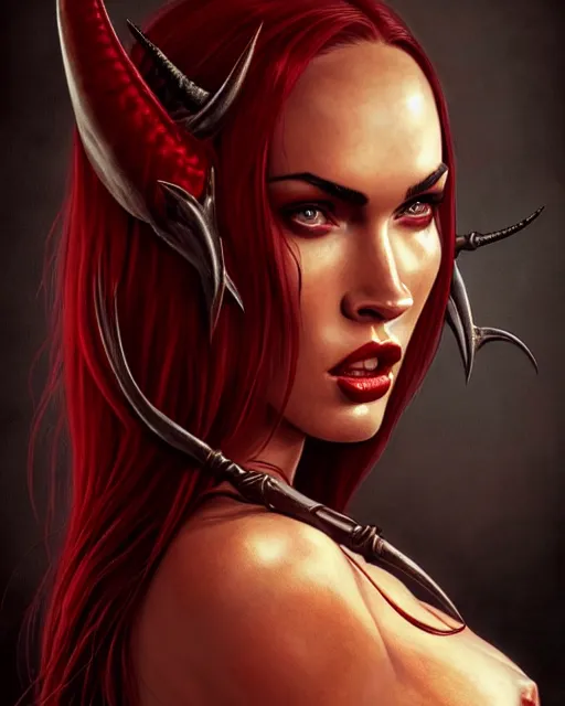Prompt: portrait of red skinned megan fox as purgatori, vampire, horns, red skin, chaos comics, purgatori, coffin comics, hell, intricate, headshot, highly detailed, digital painting, artstation, concept art, sharp focus, cinematic lighting, illustration, art by artgerm and greg rutkowski, alphonse mucha, cgsociety