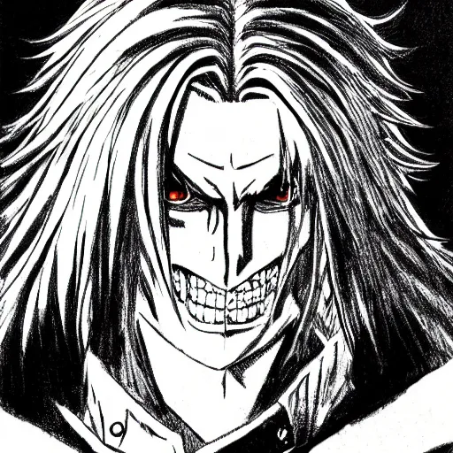 Image similar to Alucard from Hellsing in the art style of Kentaro Miura, portrait, high detail, symmetrical, trending