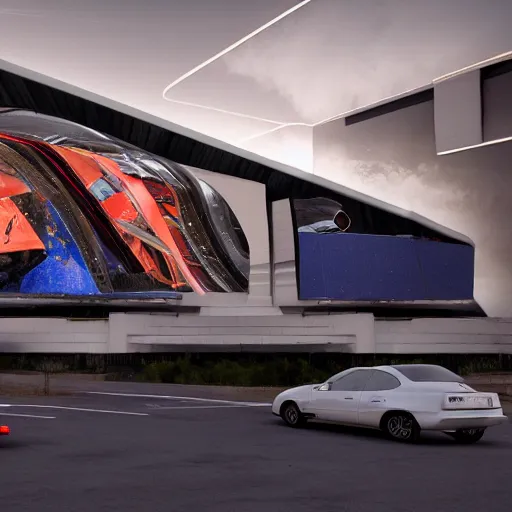 Image similar to sci-fi cars trucks motorcycles 50% of canvas in center and wall near structure on the coronation of napoleon and digital billboard photogrammetry point cloud in the middle and everything in style of zaha hadid and suprematism forms unreal engine 5 keyshot octane artstation trending blade runner 2049 colors lighting ultra high detail ultra photo realistic 8k 16k in plastic dark tilt shift