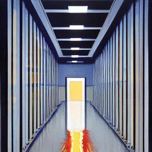 Prompt: a painting by Wayne Thiebaud inside of a high end data center on fire by Wayne Thiebaud