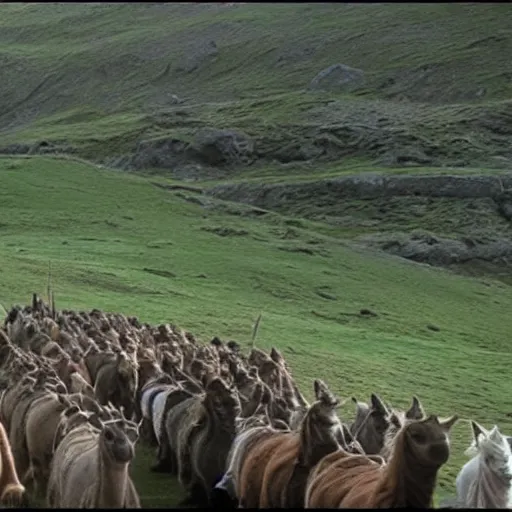 Prompt: still from lord of the rings showing the ride of the rohirrim, but on alpacas