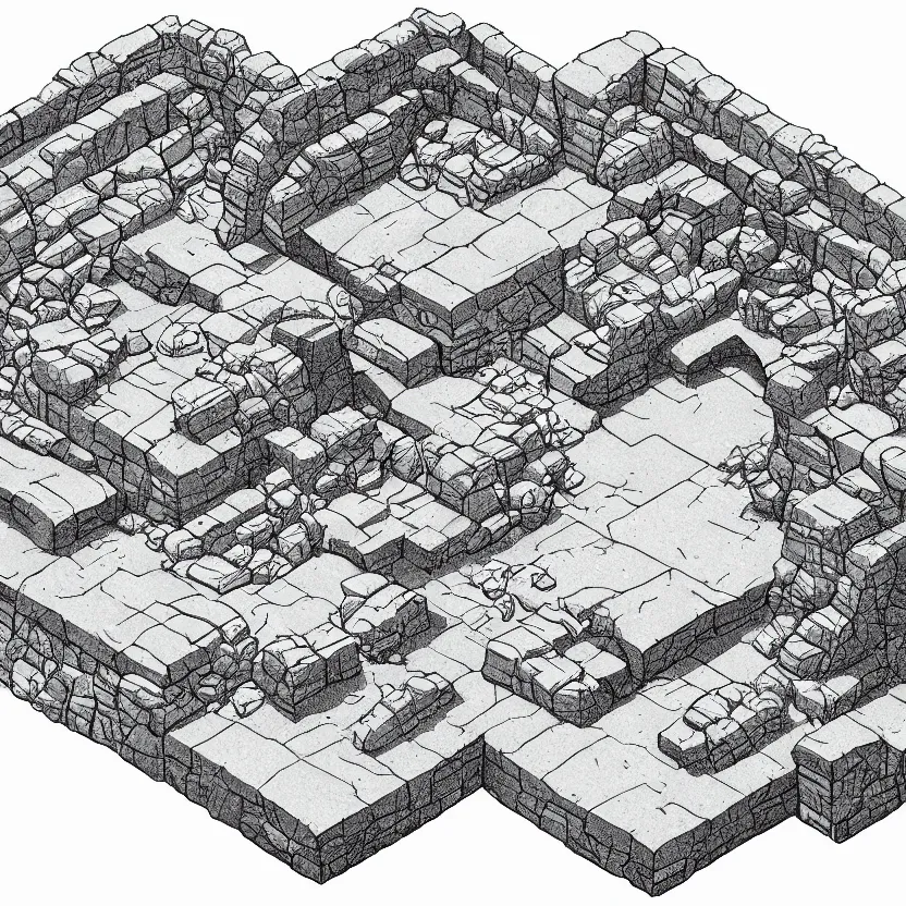 Image similar to isometric view of the outside of a cave, lineart