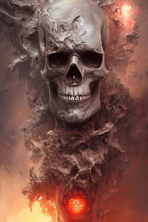 Image similar to skull god, close - up portrait, powerfull, intricate, elegant, volumetric lighting, scenery, digital painting, highly detailed, artstation, sharp focus, illustration, concept art, ruan jia, steve mccurry