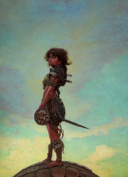 Image similar to a little warrior girl standing on top of one giant turtle in the desert. the girl has dark skin and beautiful green eyes, realistic full body and a very beautiful detailed symmetrical face with long black hair. diffuse light, dramatic sky and landscape, long shot fantasy illustration by mucha