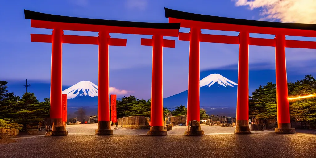 Image similar to A night photo of a school bus driving towards a Japanese Torii gate at Mount Fuji location in Japan, time travel, ray tracing