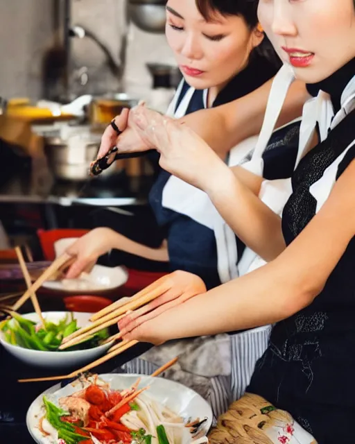 Prompt: Stock Photos of a beautiful Chinese woman preparing a traditional meal