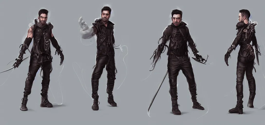 Image similar to character sheet concept art of xavi hernandez, renaissance, futurepunk, parkour, rebel, realistic, hyper realistic, photographic, costume, by marc brunet and artgerm