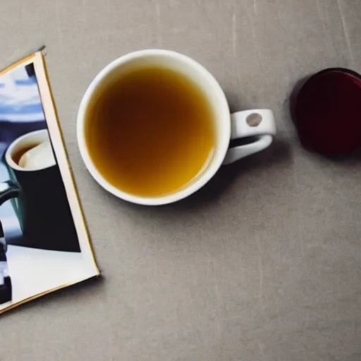 Image similar to film still of a rainy day with a book and a cup of tea