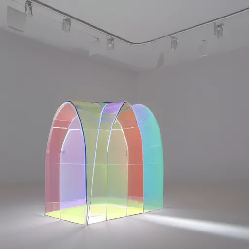 Image similar to an ultra high definition professional studio quality photograph of a transparent iridescent perspex pastel coloured combined raincoat and tent on a coat hook in an empty white room. dramatic lighting, ray tracing, refraction, shallow d. o. f, colour corrected, golden ratio, three point light. volumetric shadows. light rays.