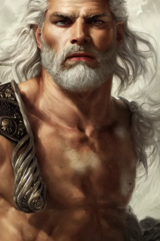 Image similar to painted portrait of rugged zeus, god of thunder, greek god, white hair, masculine, powerful, handsome, opulent, upper body, white robe, muscular, hairy torso, fantasy, intricate, elegant, highly detailed, digital painting, artstation, concept art, smooth, sharp focus, illustration, art by gaston bussiere and magali villeneuve